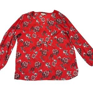 LOFT Womens Sz L Red Floral Long Sleeve Crossover V Neck Blouse